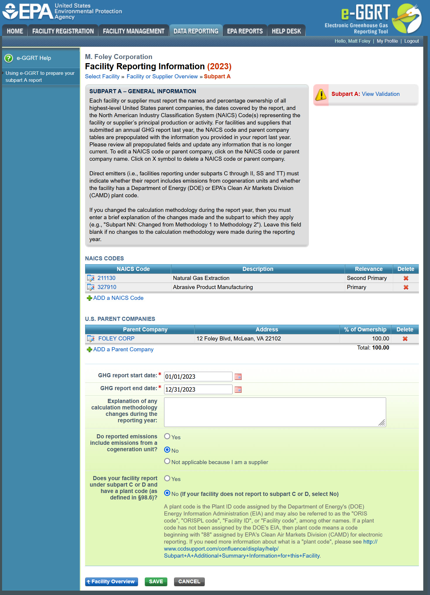 Facility Reporting Information Page - Subpart A NAICS Codes